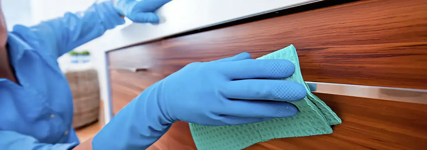 Cleaner wearing blue gloves wiping a wooden cabinet drawer with a microfiber cloth for dust and grime removal, Anchorage, AK.