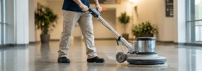 Professional technician using an industrial floor buffer to polish and maintain shiny commercial flooring in a corporate hallway in Anchorage, AK.