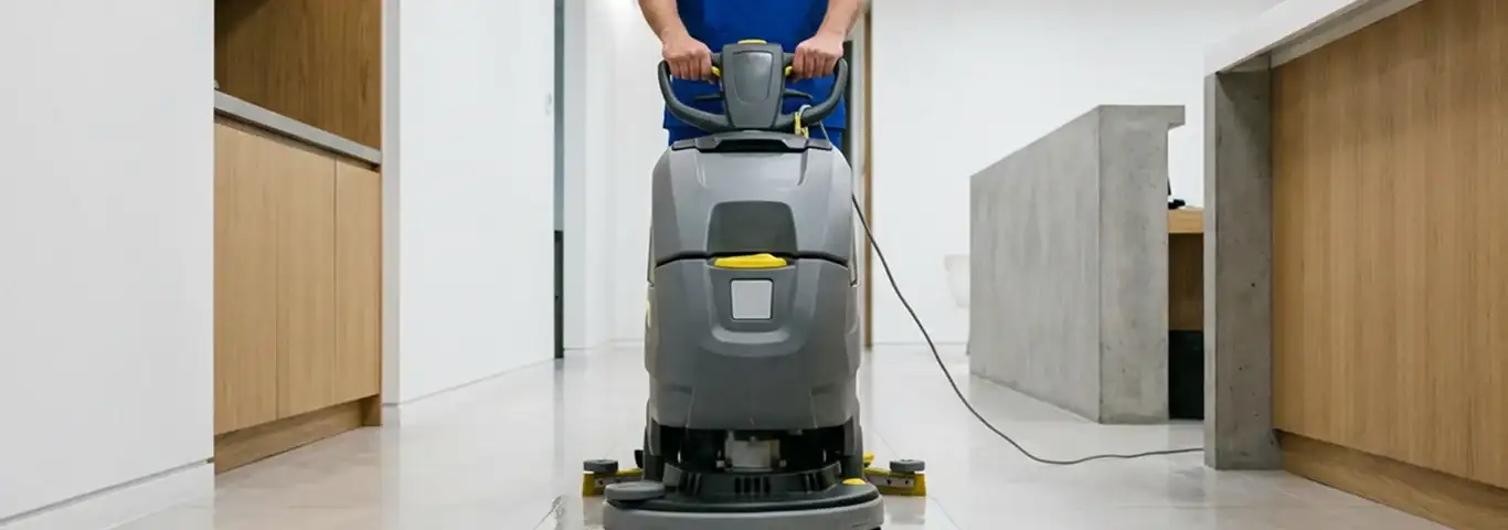 Janitorial staff using a floor scrubber machine to clean a commercial hallway, Anchorage, AK.