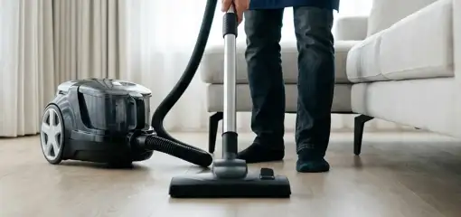 Professional house cleaner vacuuming a living room floor with a canister vacuum cleaner, Anchorage, AK.
