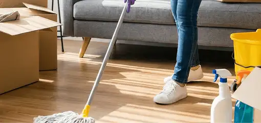 Move-out cleaning setup with a cleaner mopping hardwood floors near moving boxes and cleaning supplies, Anchorage, AK.