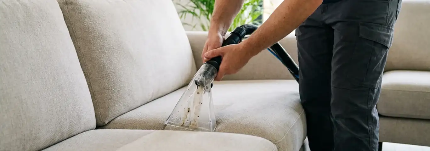 Technician extracting dirt and moisture from a fabric sofa with an upholstery cleaning wand, Anchorage, AK.