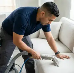 Professional upholstery cleaning technician using an extraction wand to deep-clean a fabric sofa, Anchorage, AK.