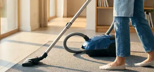 Person vacuuming a living room rug with a canister vacuum cleaner near large windows, Anchorage, AK.